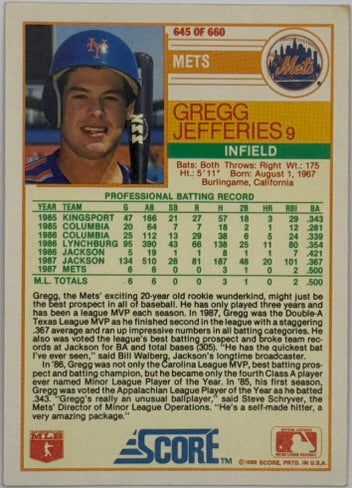 1988 Score Gregg Jefferies Rookie Prospect #645 – Mets – RAW