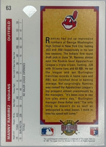 1992 Upper Deck Manny Ramirez Top Prospect #63 – Indians – RAW