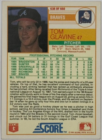 1988 Score Tom Glavine Rookie Prospect – Braves – RAW