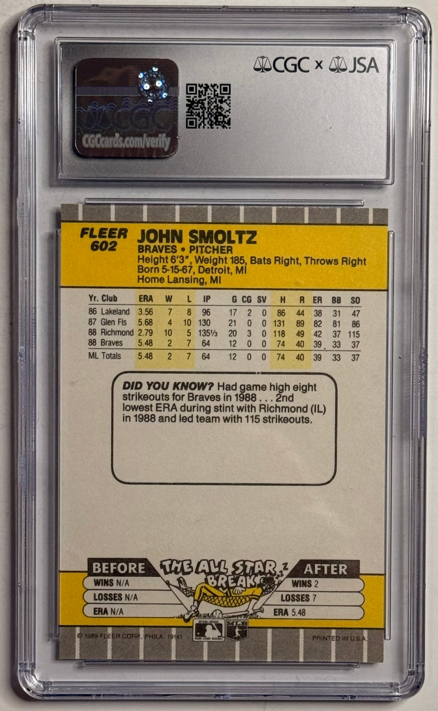John Smoltz — 1989 Fleer #602 — CGC x JSA Authentic, Auto 10
